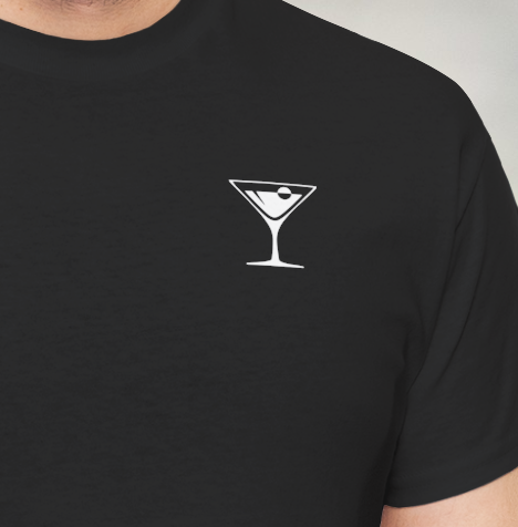 Man wearing black shirt with United Federation of Beverages Stirfleet Command martini logo, small white graphic design on front breast.