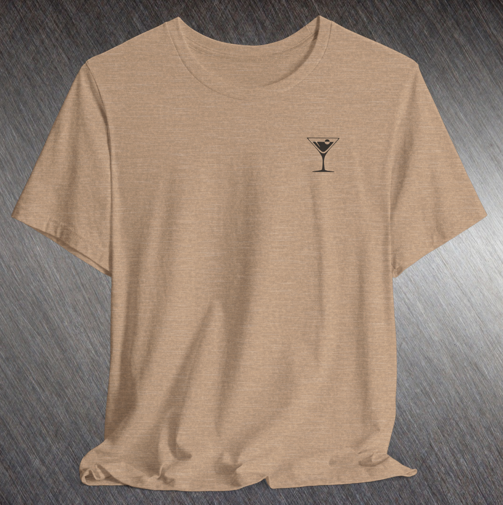 Heather tan shirt with United Federation of Beverages Stirfleet Command martini logo, small black graphic design on front breast.