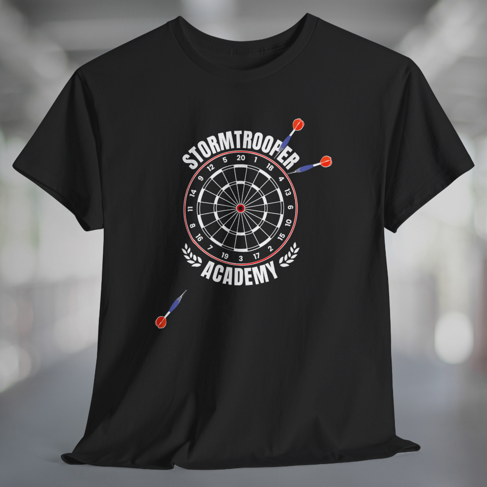 Black t-shirt with printed graphic of a dartboard, 3 darts missing the board, and white text Stormtrooper Academy.