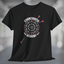 Black t-shirt with printed graphic of a dartboard, 3 darts missing the board, and white text Stormtrooper Academy.