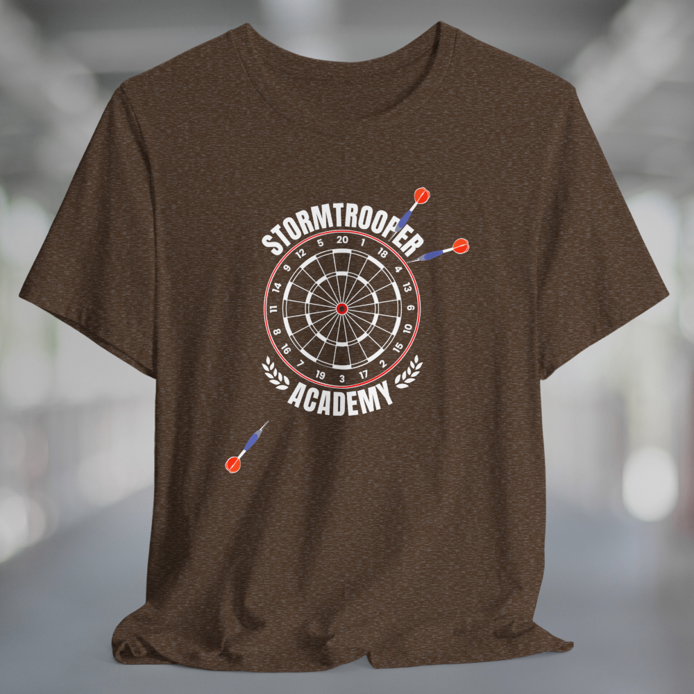 Heather brown shirt with printed graphic of a dartboard, 3 darts missing the board, and white text Stormtrooper Academy.