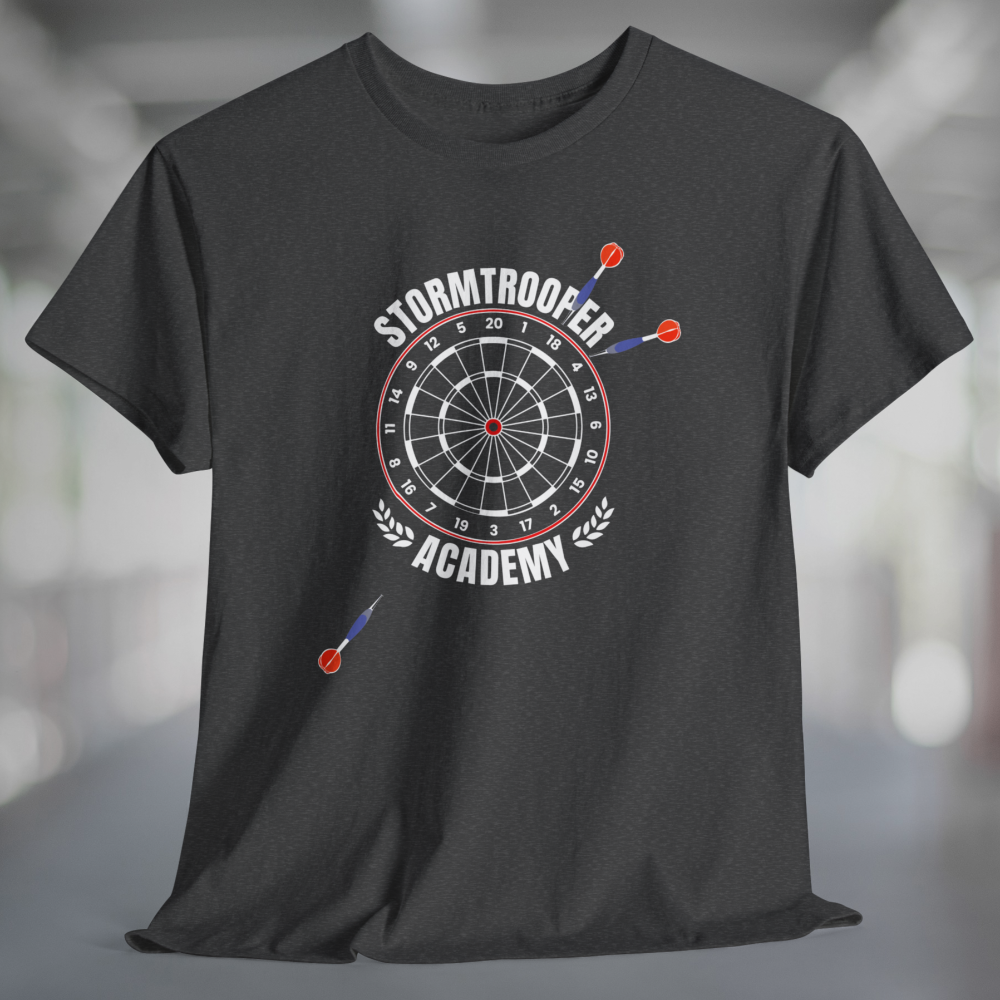 Heather charcoal gray t-shirt with printed graphic of a dartboard, 3 darts missing the board, and white text Stormtrooper Academy.