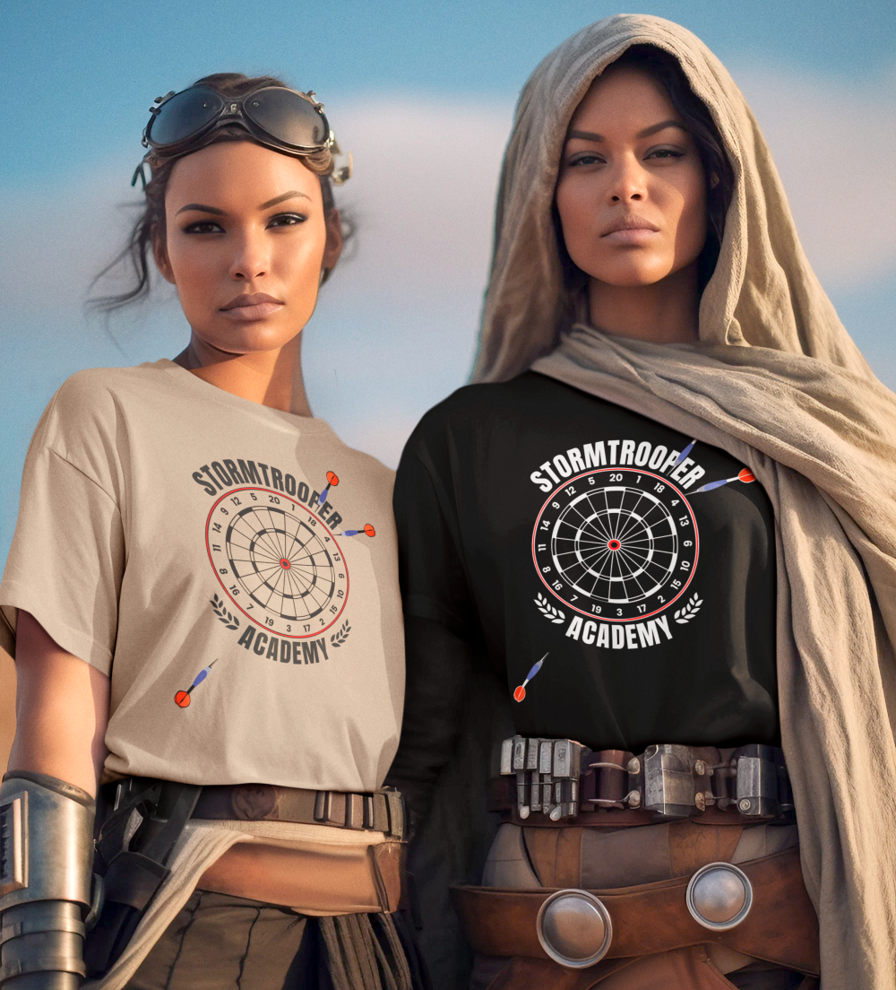 Two women wearing t-shirts with printed graphic of a dartboard, 3 darts missing the board, and text Stormtrooper Academy.