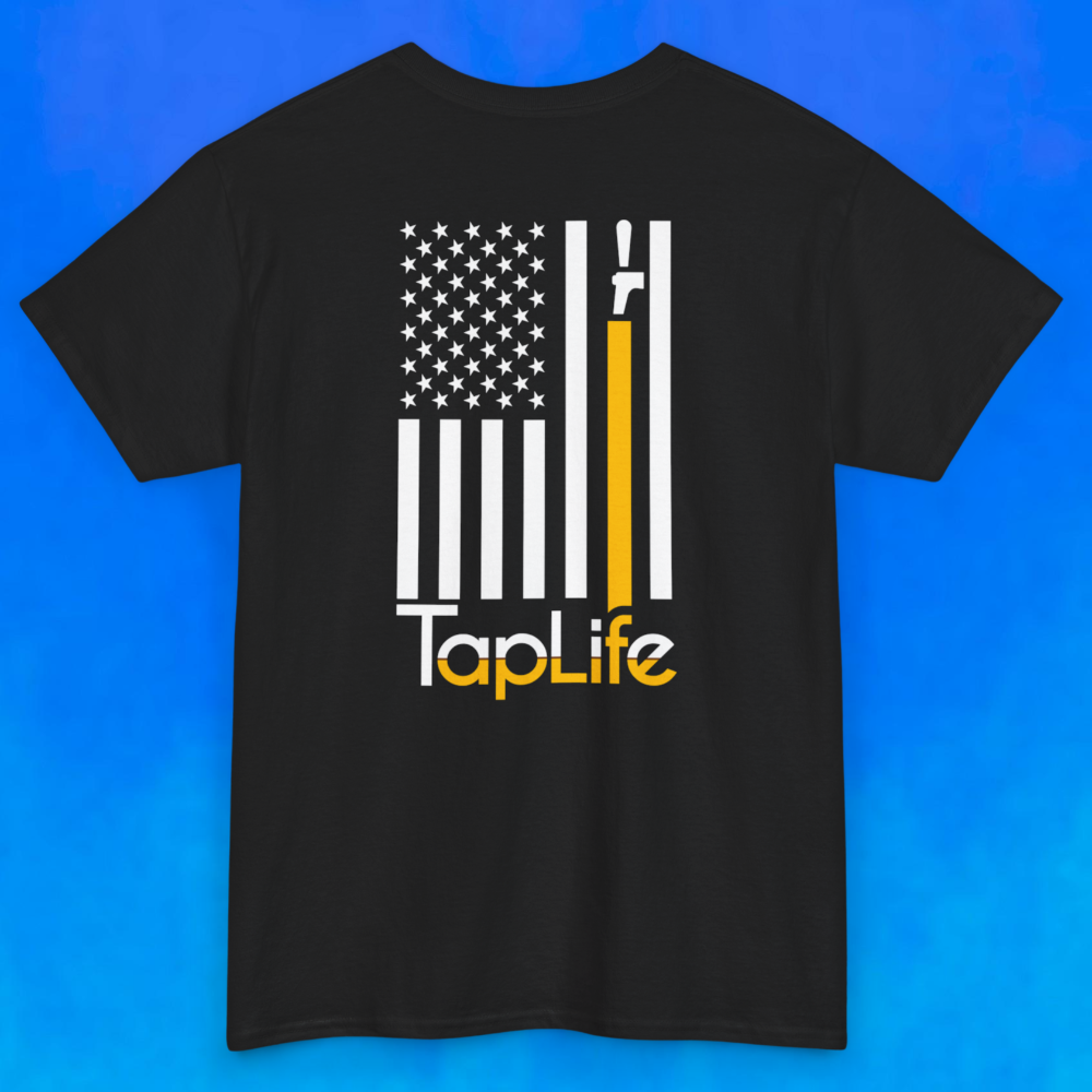 Back of black t-shirt with print of American flag, with one stripe yellow pouring from a beer tap, Tap Life logo below
