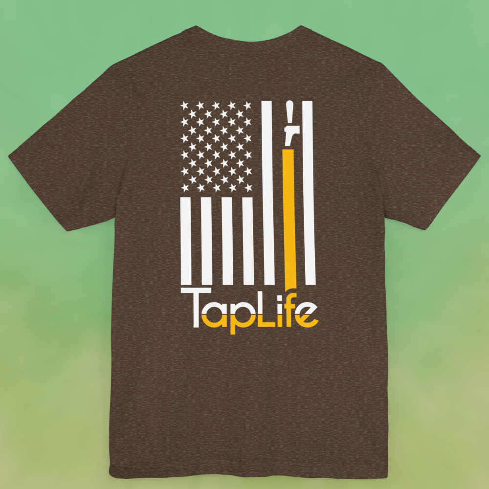Back of heather brown t-shirt with print of American flag, with one stripe yellow pouring from a beer tap, Tap Life logo below