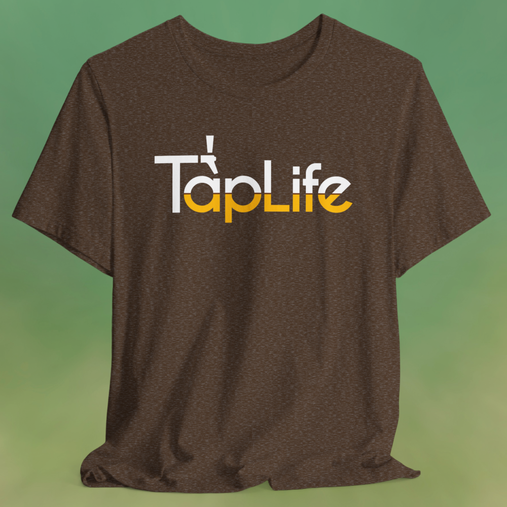 Heather brown t-shirt with large beer Tap Life logo across the chest.