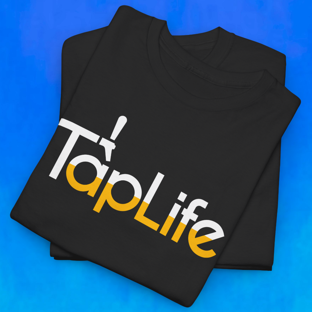 Black t-shirt with large beer Tap Life logo across the chest.