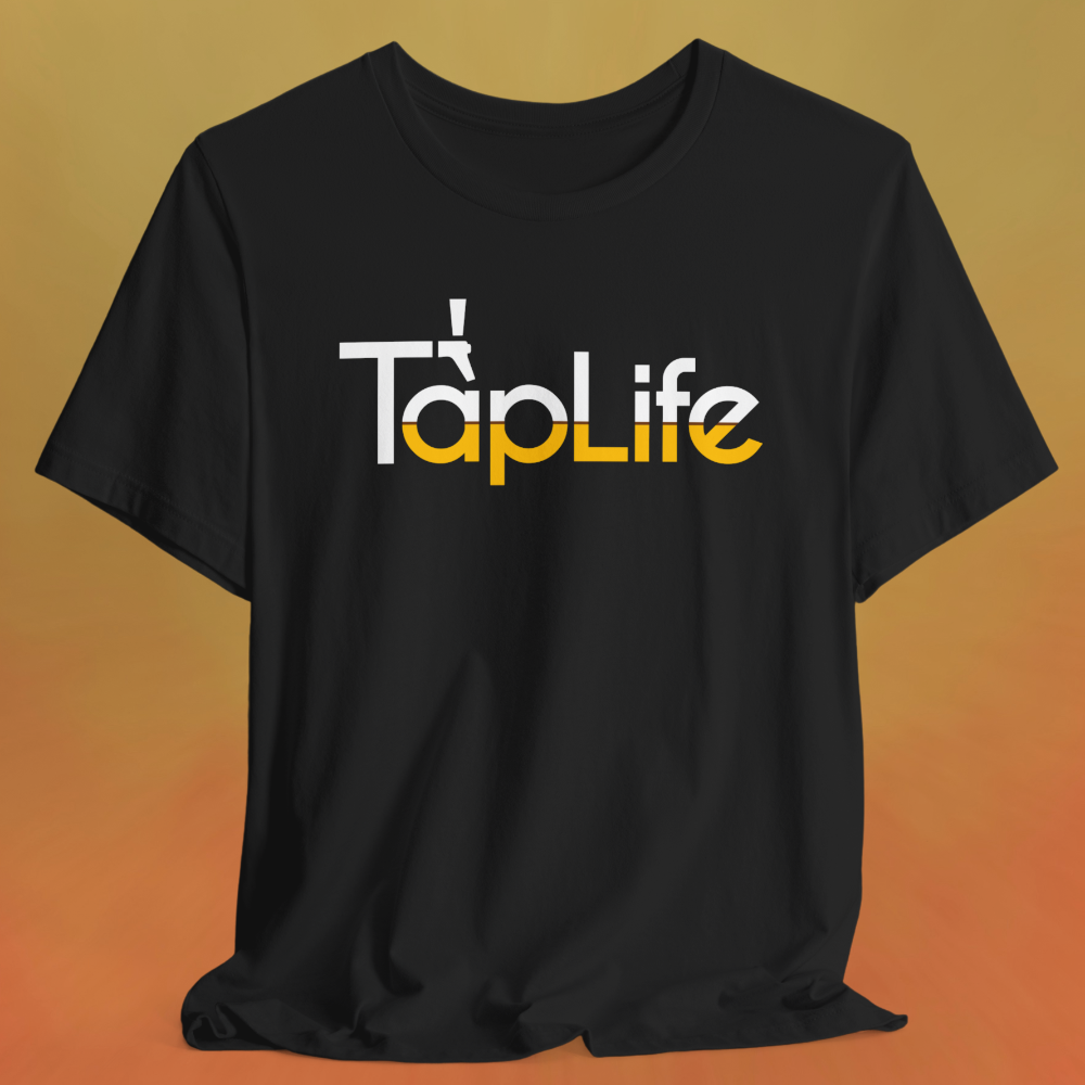 Black t-shirt with large beer Tap Life logo across the chest.