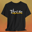 Black t-shirt with large beer Tap Life logo across the chest.
