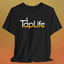 Tap Life Logo T-Shirt displayed on a black short sleeve shirt with vibrant logo design.