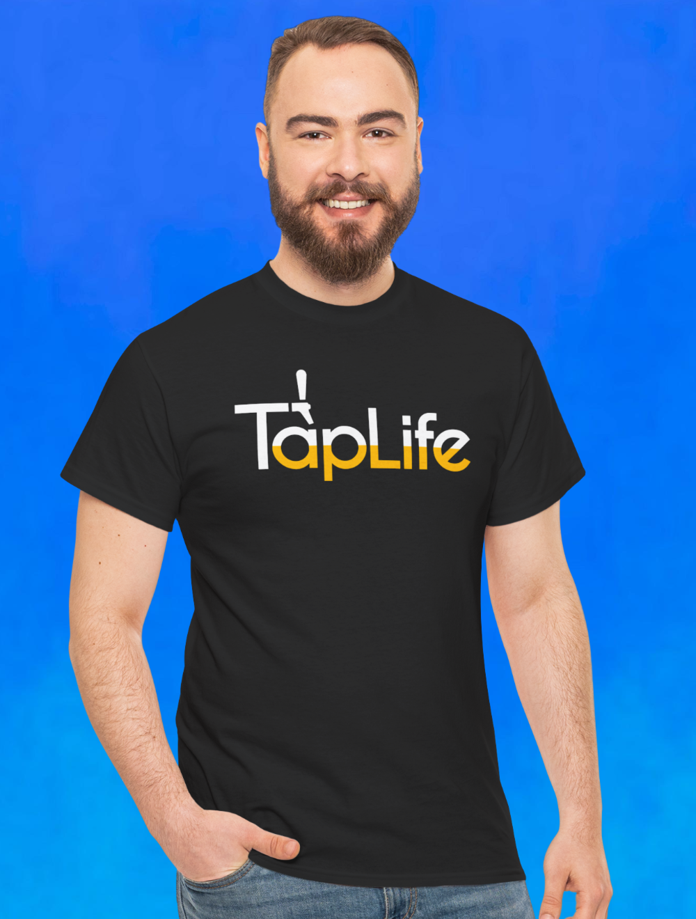 Man wearing black t-shirt with large beer Tap Life logo across the chest.