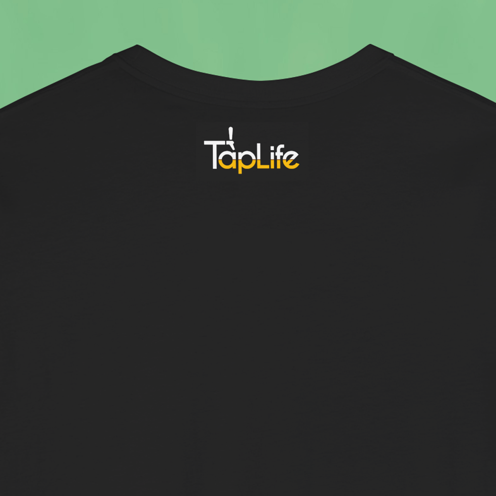 Back of black shirt with print of small beer Tap Life logo on neckline.