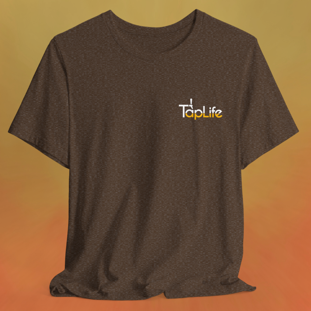 Heather brown t-shirt with small beer Tap Life logo on left breast.