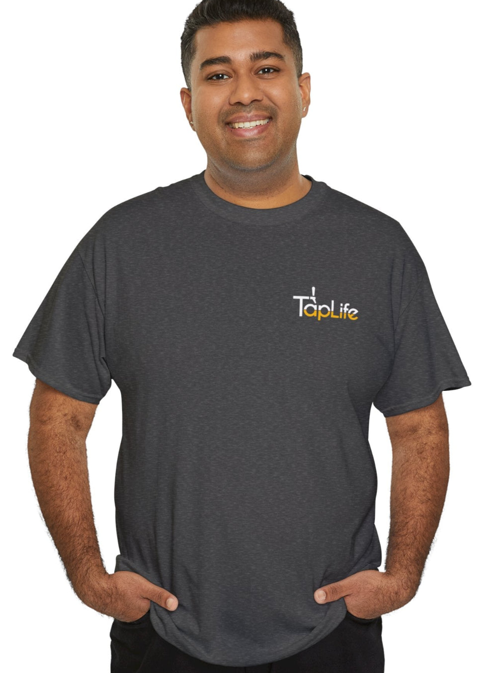Man wearing heather charcoal gray t-shirt with small beer Tap Life logo on left breast.