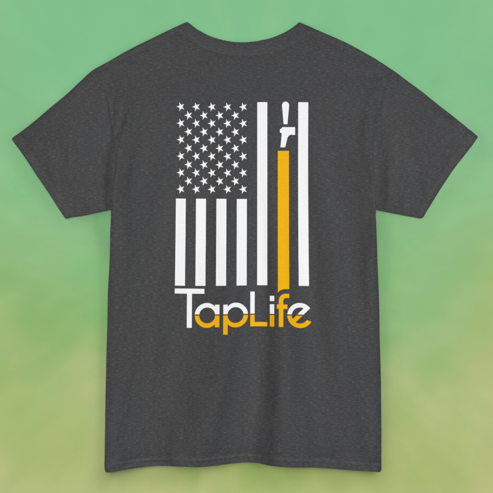 Back of heather charcoal gray t-shirt with print of American flag, with one stripe yellow pouring from a beer tap, Tap Life logo below