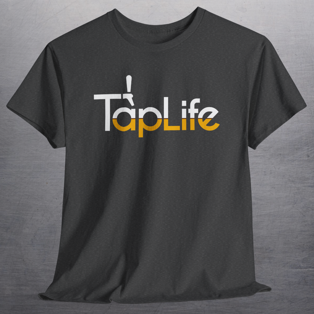 Heather charcoal gray t-shirt with large beer Tap Life logo across the chest.