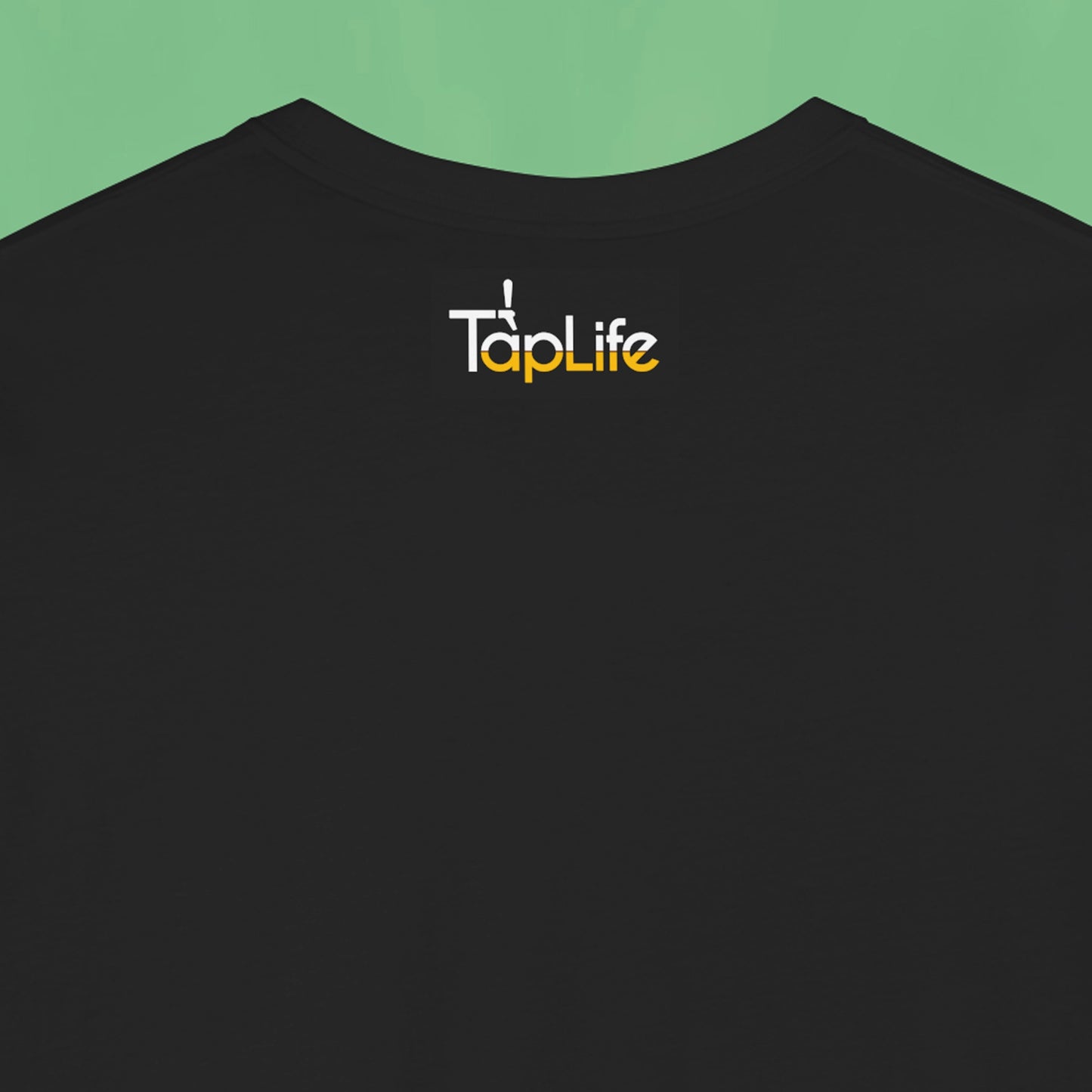 Back neckline of black beer t-shirt with small Tap Life logo