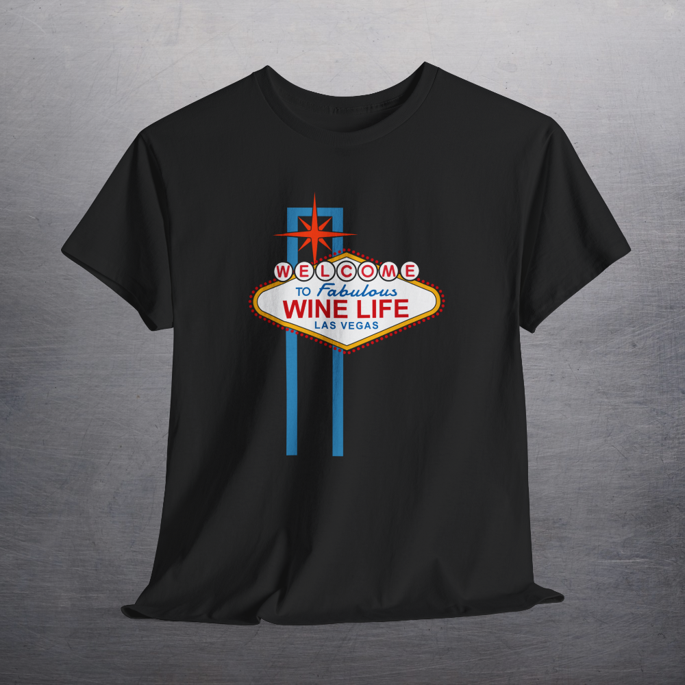 Black shirt with Welcome to Fabulous Las Vegas sign on front of shirt