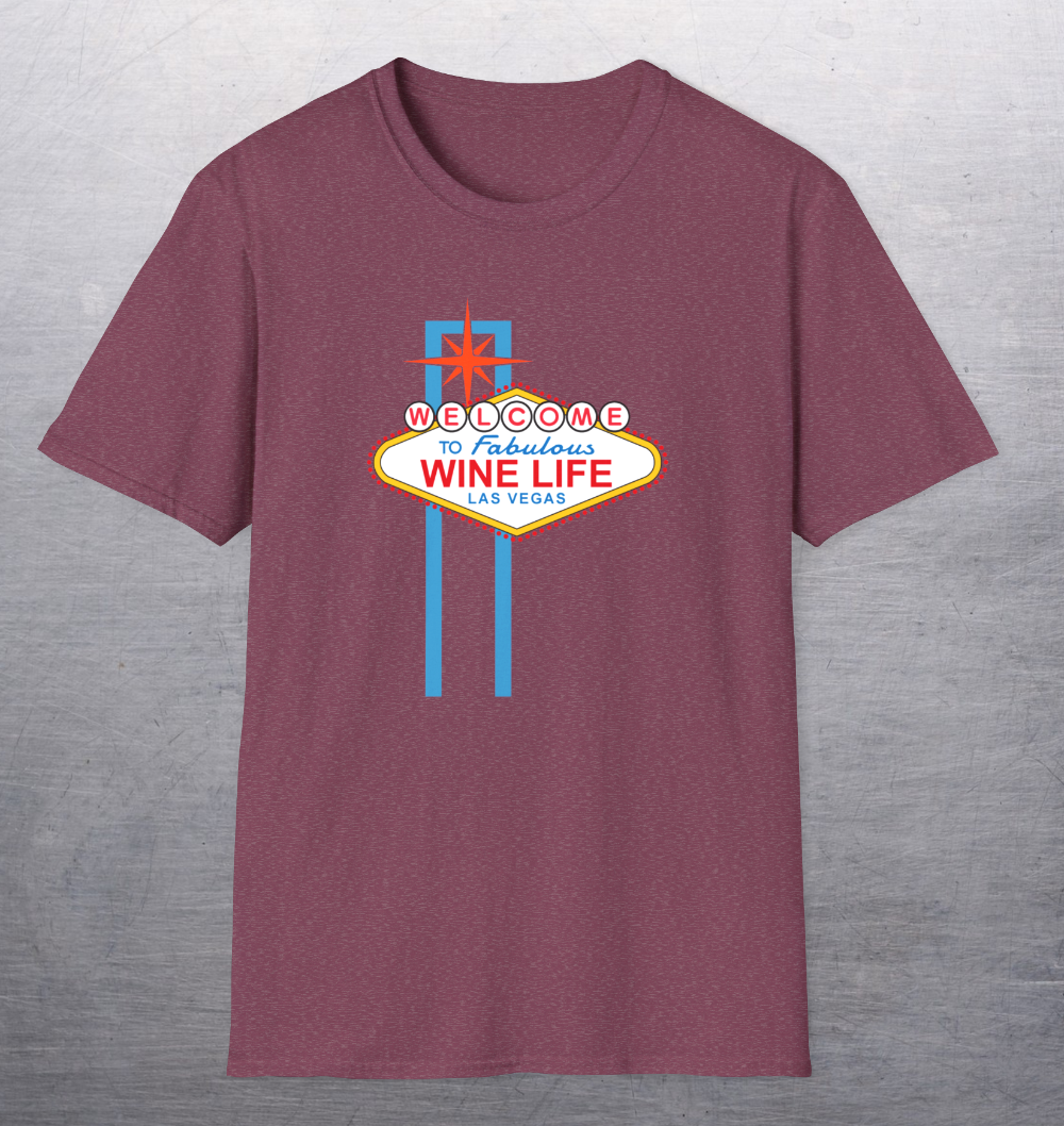 Heather red maroon shirt with Welcome to Fabulous Las Vegas sign on front of shirt.