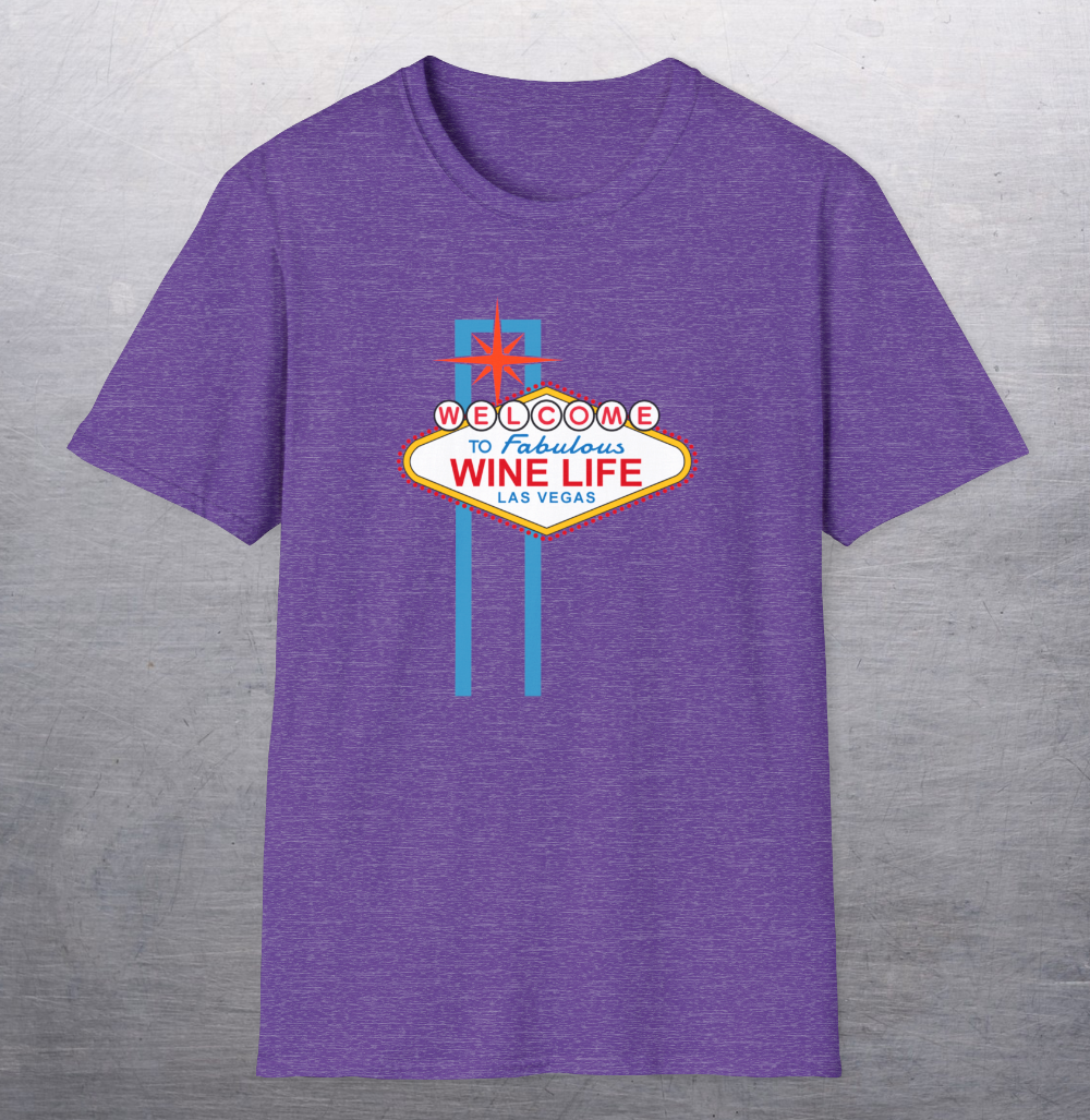 Heather purple shirt with Welcome to Fabulous Las Vegas sign on front of shirt.