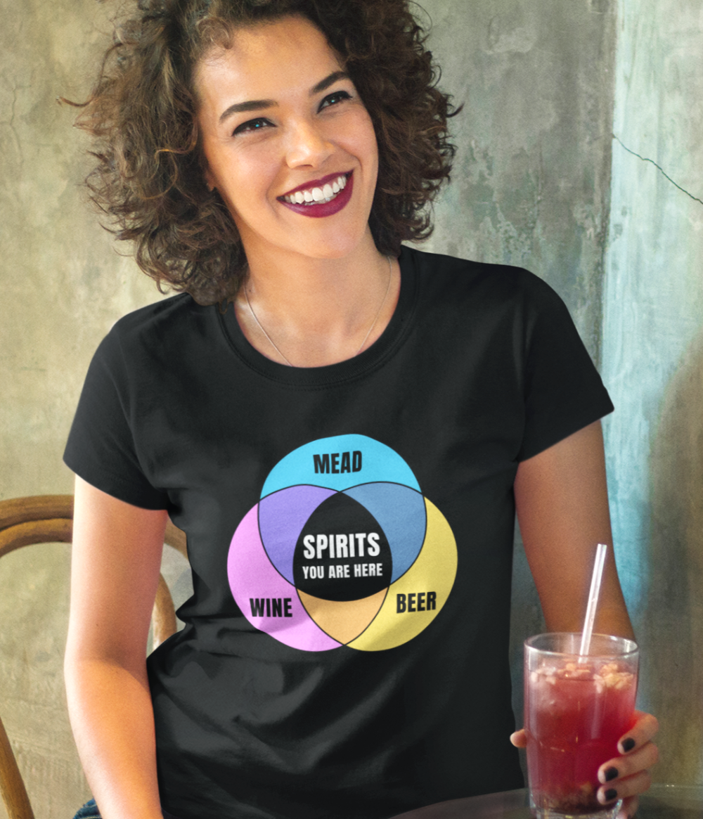 Woman wearing black shirt with colorful graphic Venn diagram of mead, beer, wine, and Spirits You Are Here in center