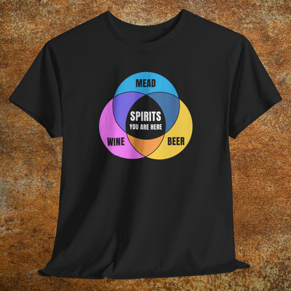 Black shirt with colorful graphic Venn diagram of mead, beer, wine, and Spirits You Are Here in center