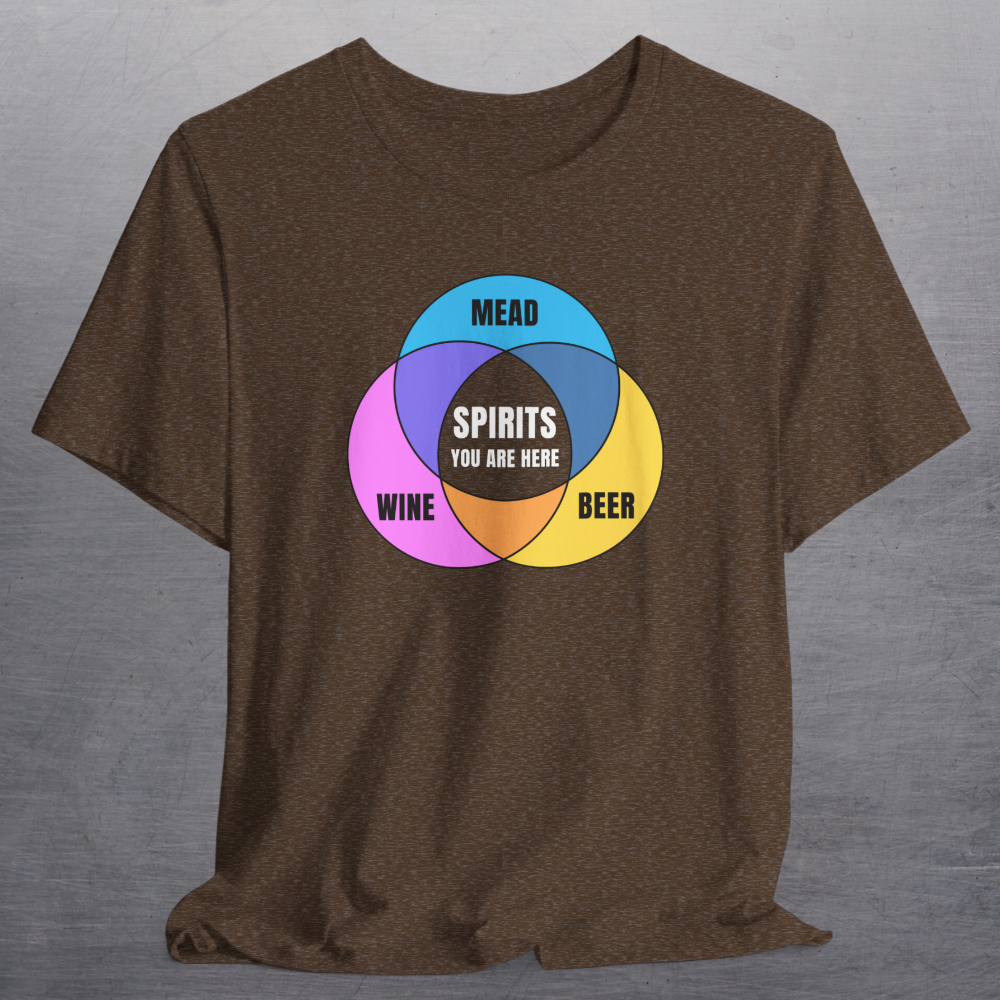 Heather brown shirt with colorful graphic Venn diagram of mead, beer, wine, and Spirits You Are Here in center