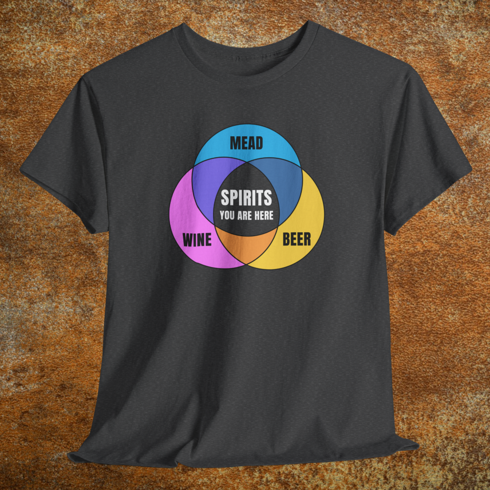 Heather charcoal gray shirt with colorful graphic Venn diagram of wine, beer, mead, and Spirits You Are Here in center