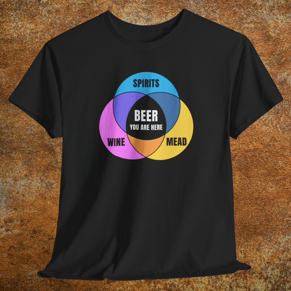 Black shirt with colorful graphic Venn diagram of spirits, mead, wine, and Beer You Are Here in center