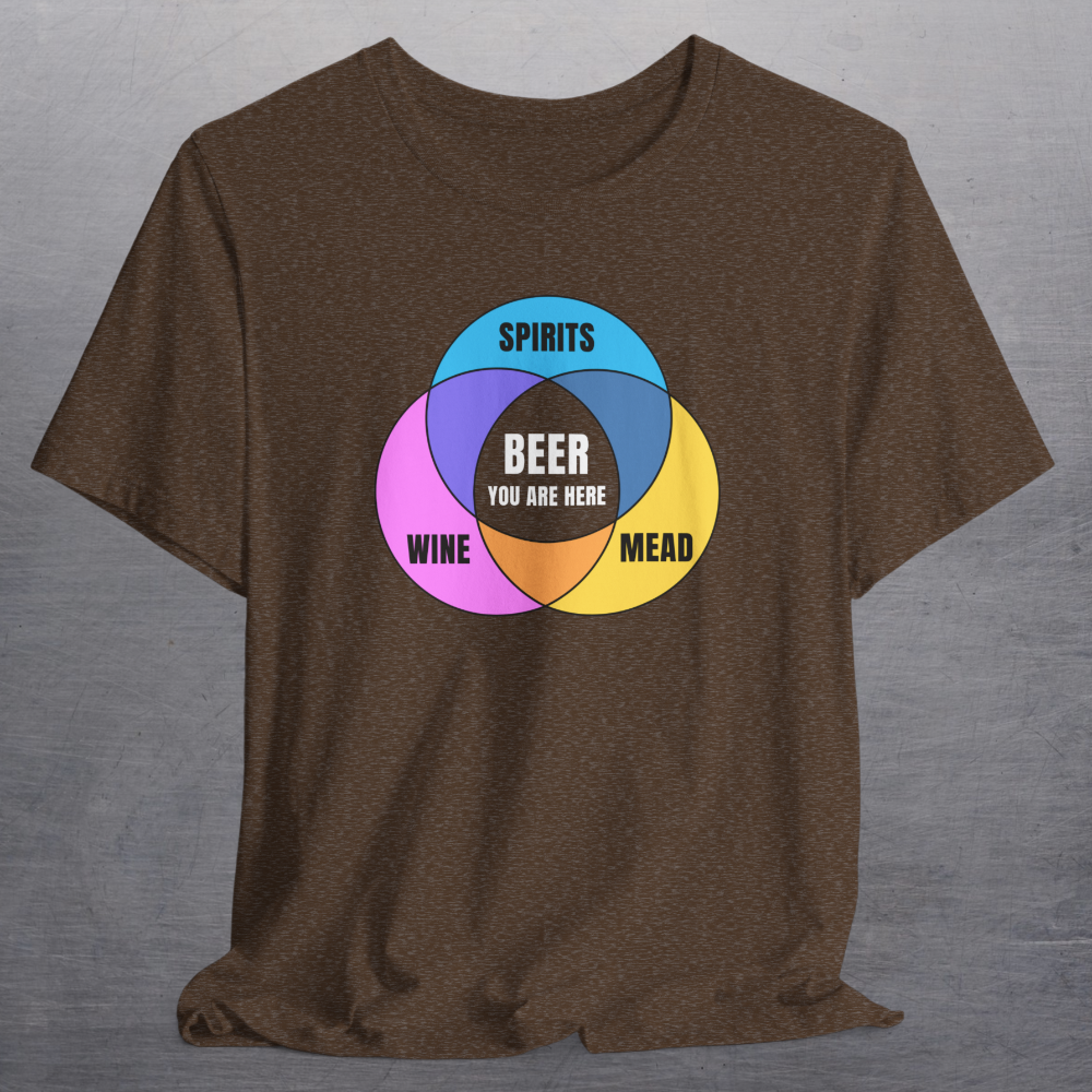 Heather brown shirt with colorful graphic Venn diagram of mead, spirits, wine, and Beer You Are Here in center