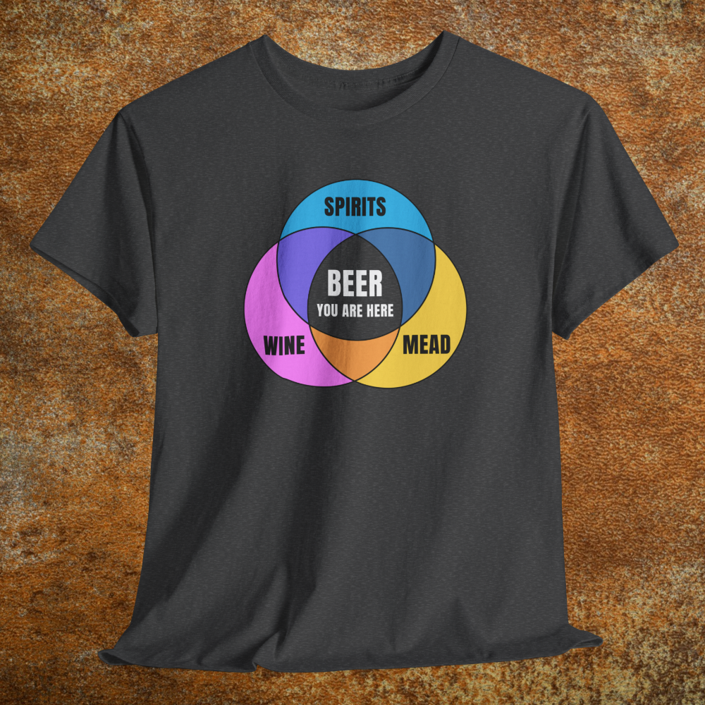 Heather charcoal gray shirt with colorful graphic Venn diagram of wine, spirits, mead, and Beer You Are Here in center