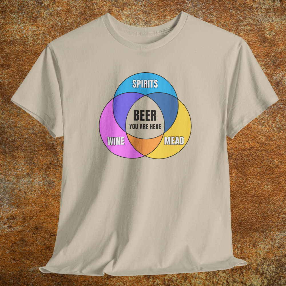 Heather tan shirt with colorful graphic Venn diagram of spirits, wine, mead, and Beer You Are Here in center
