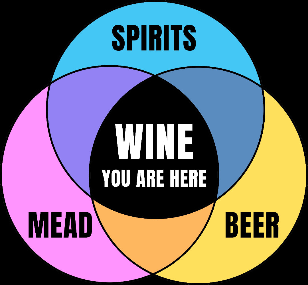 Colorful Venn diagram of mead, beer, spirits, and white Wine You Are Here in center