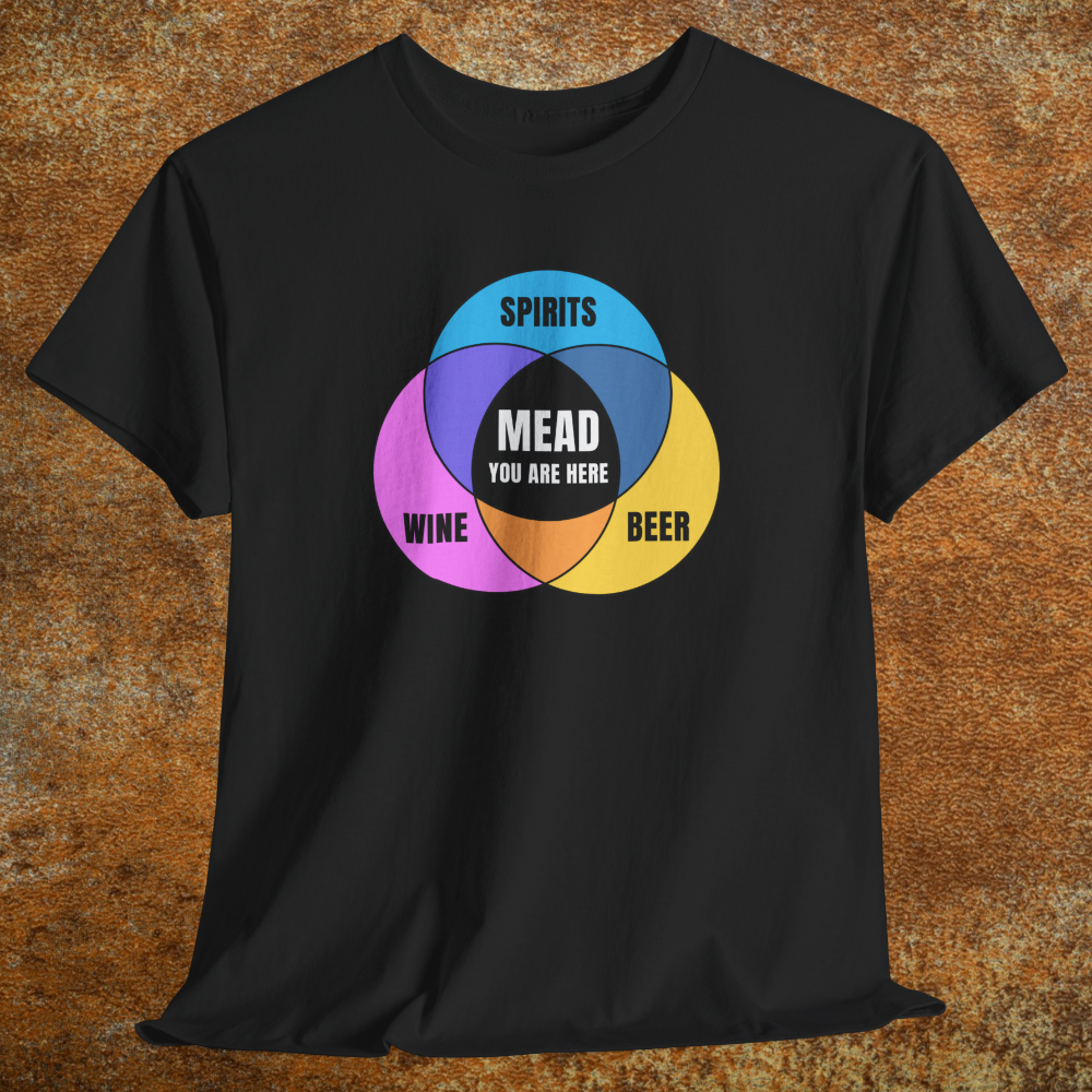 Black shirt with colorful graphic Venn diagram of spirits, beer, wine, and Mead You Are Here in center