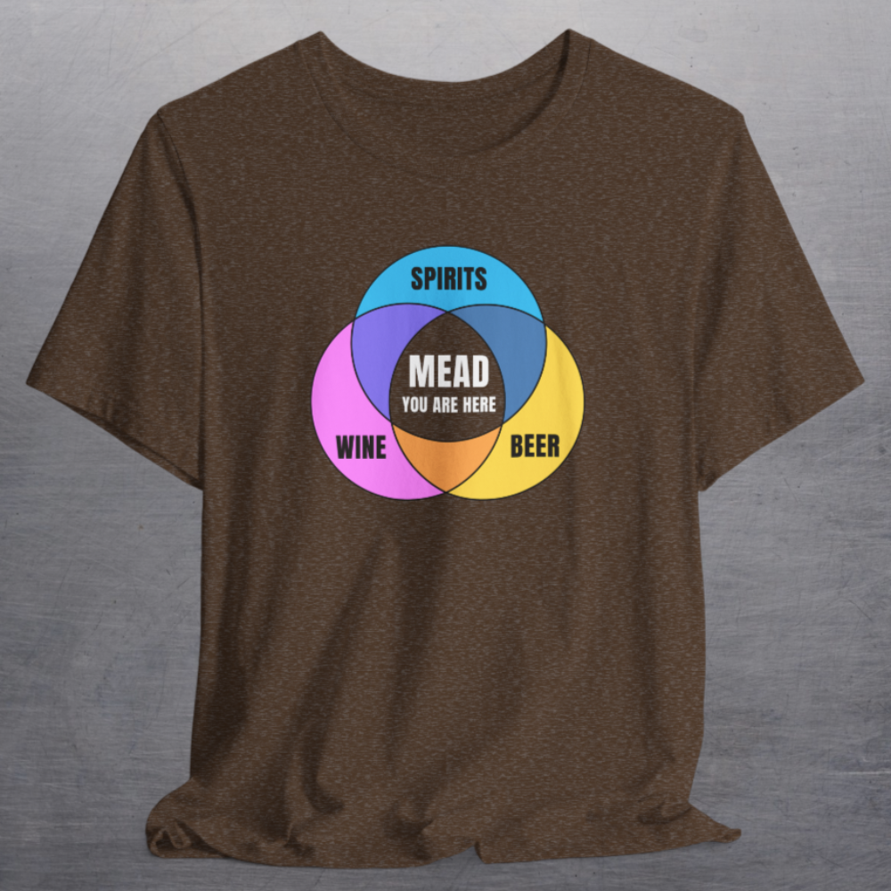 Heather brown shirt with colorful graphic Venn diagram of spirits, beer, wine, and Mead You Are Here in center