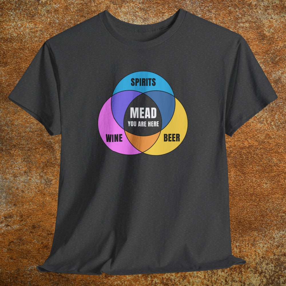 Heather charcoal gray shirt with colorful graphic Venn diagram of spirits, beer, wine, and Mead You Are Here in center