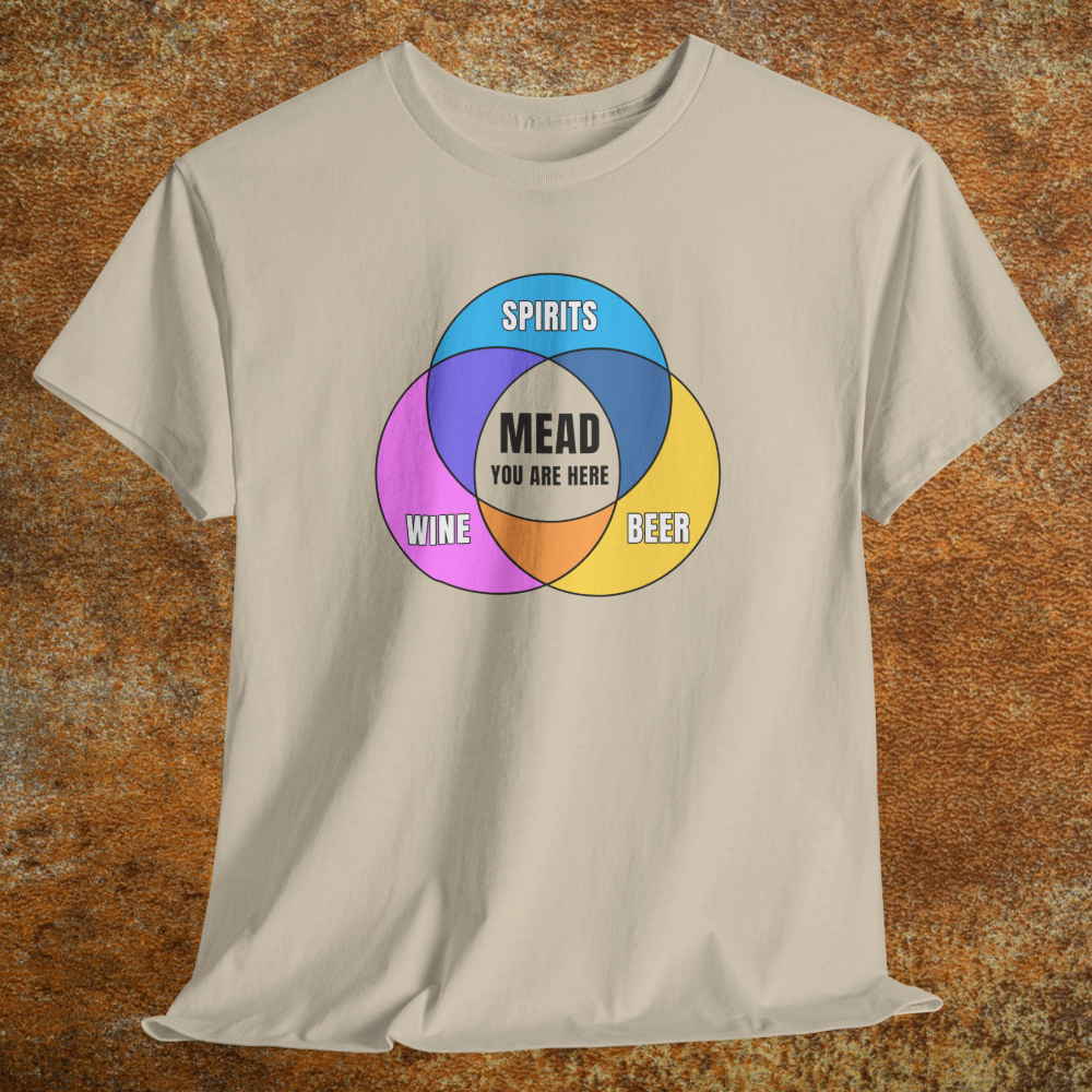 Heather tan shirt with colorful graphic Venn diagram of spirits, beer, wine, and Mead You Are Here in center