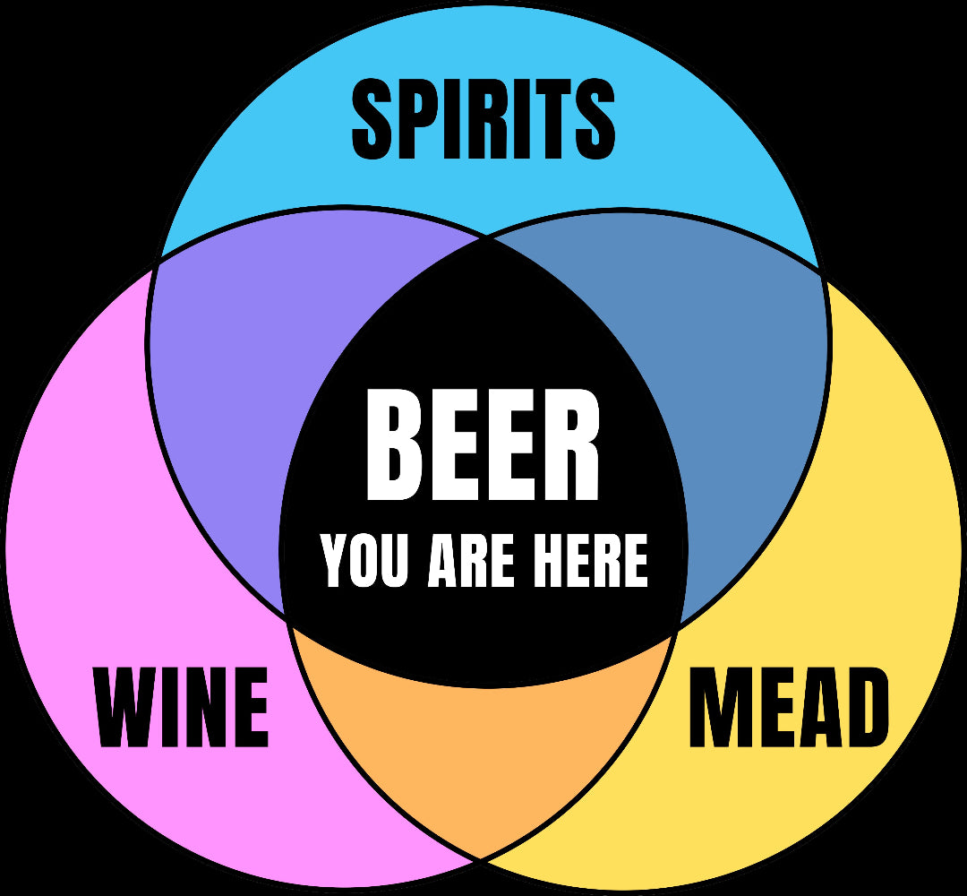 Colorful Venn diagram of mead, wine, spirits, and white beer You Are Here in center