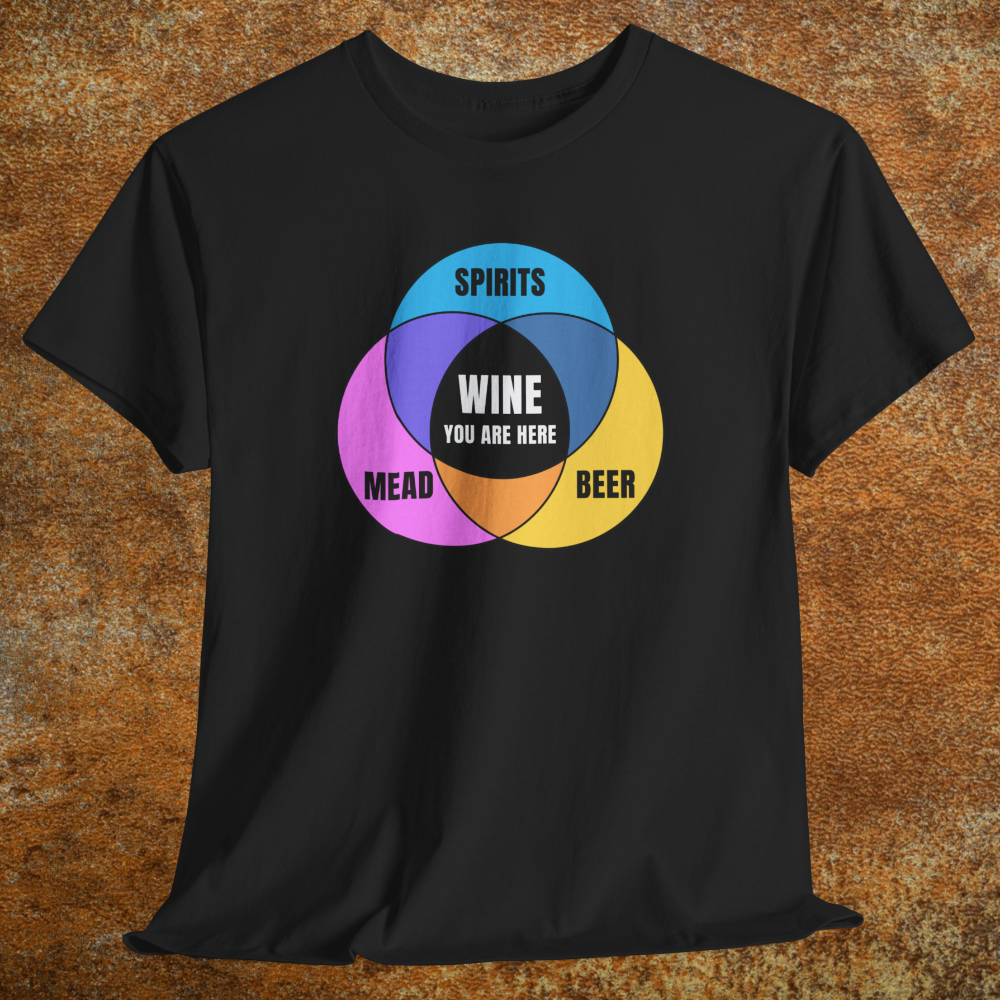 Black shirt with colorful graphic Venn diagram of spirits, beer, mead, and Wine You Are Here in center