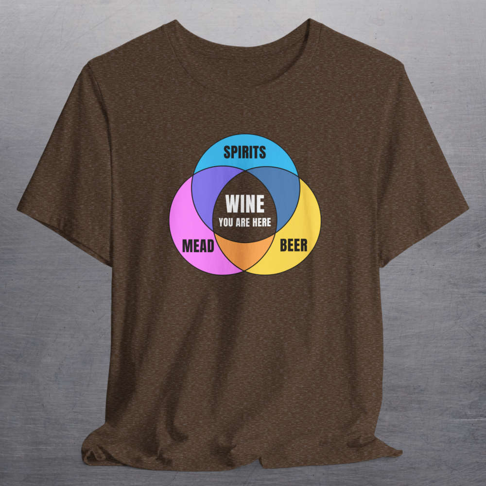 Heather brown shirt with colorful graphic Venn diagram of mead, beer, spirits, and Wine You Are Here in center