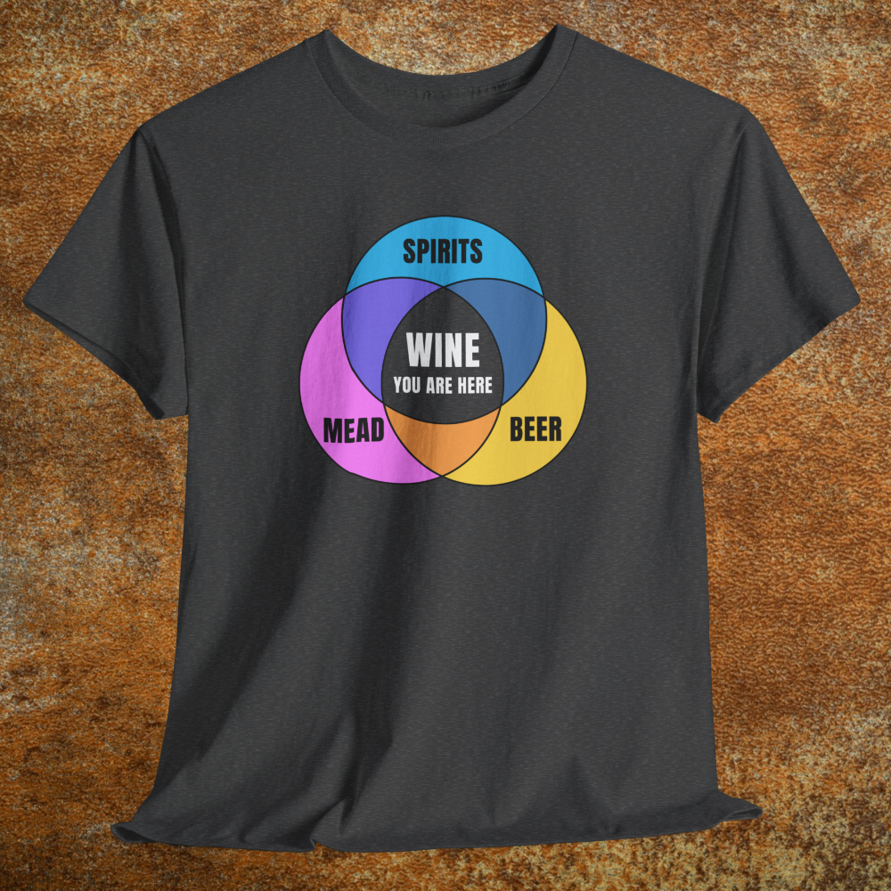 Heather charcoal gray shirt with colorful graphic Venn diagram of spirits, beer, mead, and Wine You Are Here in center