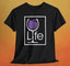 Square Purple Wine LIFE Logo T-Shirt featuring a vibrant glass of purple wine design on a black background.