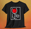 Square Red Wine LIFE Logo T-Shirt featuring a glass of red wine and the word LIFE on a black background.