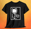 A black t-shirt with a Wine Life logo and a white wine glass inside a rectangle.