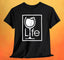 Square White Wine LIFE Logo T-Shirt featuring a wine glass design on a black background.