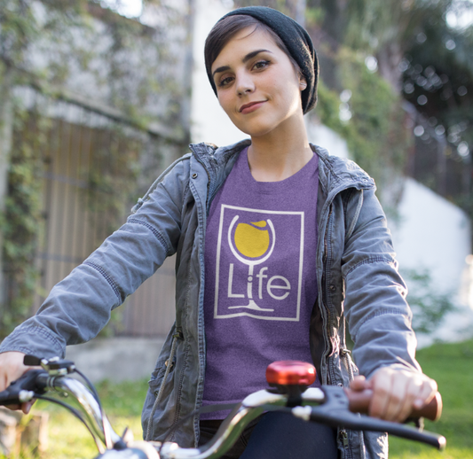 Woman wearing purple t-shirt with yellow wine life logo on front