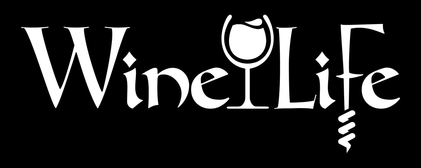 Wine Life text written in jagged edge calligraphy letters, with a glass of white wine and a corkscrew