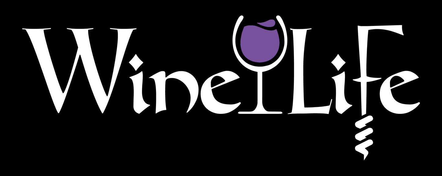 Wine Life text written in jagged edge calligraphy letters, with a glass of purple wine and a corkscrew