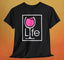 Square Pink Wine LIFE Logo T-Shirt featuring a pink wine glass and LIFE logo on a black background.