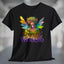Fairy Wine Life T-Shirt featuring a whimsical fairy holding a wine glass with colorful wings on a black t-shirt.